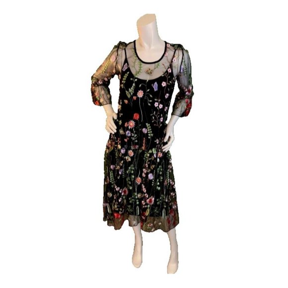 Lulu's 3D Floral Botanical Midi Dress Size Small Embroidered Sheer Black Mesh - Picture 1 of 16